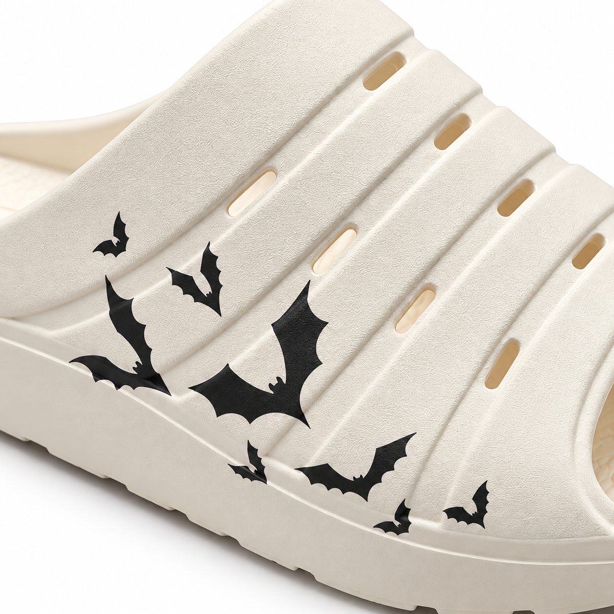 Oka Recovery Slide Halloween Bats, close-up of black bat print